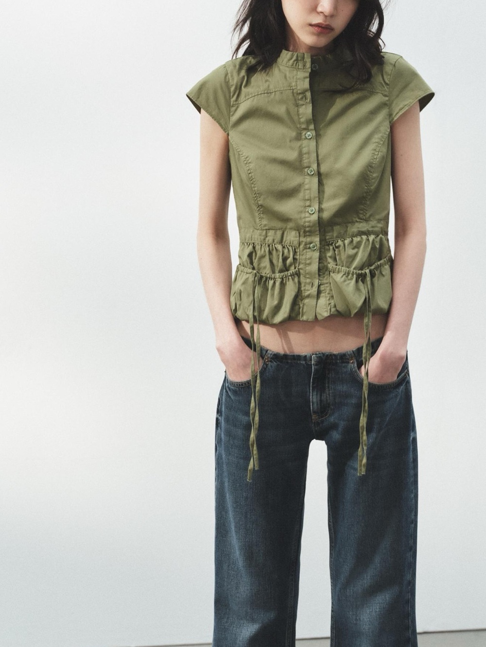 Zara Olive Green Cap-Sleeve Utility Top